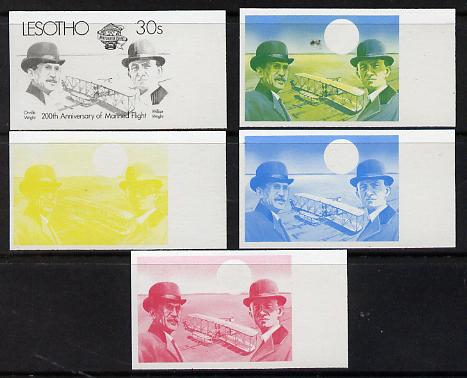Lesotho 1983 Manned Flight 30s (Wright Brothers & Flyer) x 5 imperf progressive colour proofs comprising the 4 individual colours plus 2-colour composite (as SG 546) gutter pairs available price x 2, stamps on aviation  personalities