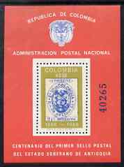 Colombia 1965 Centenary of First Antioquia Stamps perf m/sheet unmounted mint (from numbered limited printing), SG MS 1235, stamps on stamp centenary, stamps on stamp on stamp, stamps on , stamps on stamponstamp