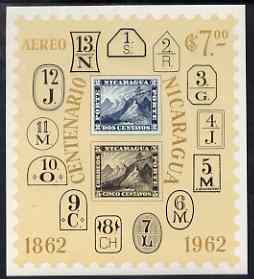 Nicaragua 1962 Stamp Centenary imperf m/sheet unmounted mint, SG MS1466a, stamps on , stamps on  stamps on stamp centenary, stamps on  stamps on stamp on stamp, stamps on  stamps on volcanoes, stamps on  stamps on postal, stamps on  stamps on stamponstamp