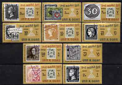 Umm Al Qiwain 1966 Stamp Centenary Exhibition (Stamp on Stamp) perf set of 10 cto used, Mi 55-64, SG 49-58, stamps on stamp on stamp, stamps on stamp exhibitions, stamps on stamp centenary, stamps on stamponstamp