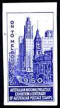 Australia 1950 National Philatelic Exhibition & Centenary imperf label in blue inscribed On to Melbourne, minor wrinkles but unmounted mint*, stamps on stamp centenary, stamps on stamp exhibitions, stamps on buildings, stamps on tourism