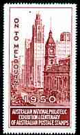 Australia 1950 National Philatelic Exhibition & Centenary perf label in red inscribed 'On to Melbourne', minor wrinkles but unmounted mint*, stamps on stamp centenary, stamps on stamp exhibitions, stamps on buildings, stamps on tourism