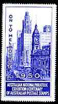 Australia 1950 National Philatelic Exhibition & Centenary perf label in blue inscribed 'On to Melbourne', minor wrinkles but unmounted mint*, stamps on stamp centenary, stamps on stamp exhibitions, stamps on buildings, stamps on tourism