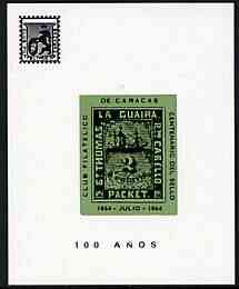 Cinderella - La Guaira (Venezuela) 1964 Stamp Centenary imperf souvenir sheet showing the 2c Robert Todd on ungummed glazed paper, produced by Club Filatelico de Caracas, stamps on stamp centenary, stamps on stamp on stamp, stamps on ships, stamps on stamponstamp