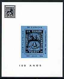 Cinderella - La Guaira (Venezuela) 1964 Stamp Centenary imperf souvenir sheet showing the 4c Robert Todd on ungummed glazed paper, produced by 'Club Filatelico de Caracas', stamps on stamp centenary, stamps on stamp on stamp, stamps on ships, stamps on stamponstamp