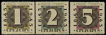 Brazil 1943 Stamp Centenary perf set of 3 (Numerals) unmounted mint, SG 683-85, stamps on stamp centenary, stamps on stamp on stamp, stamps on , stamps on stamponstamp