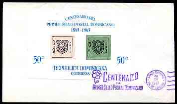 Dominican Republic 1965 Stamp Centenary imperf m/sheet on cover with special Centenary first day cancel, stamps on stamp centenary, stamps on stamp on stamp, stamps on , stamps on stamponstamp