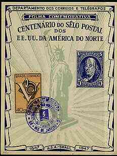 Brazil 1947 North American Postal Centenary commemorative card (Statue of Liberty) bearing 1946 posthorn stamp with special cancel, stamps on stamp centenary, stamps on posthorns, stamps on statue of liberty