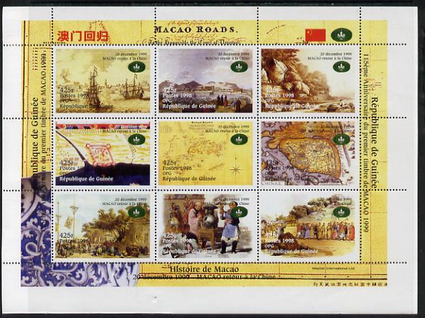 Guinea - Conakry 1998 Macao returns to China #2 perf sheetlet containing 9 values, unmounted mint. Note this item is privately produced and is offered purely on its thematic appeal, stamps on ships, stamps on maps, stamps on 