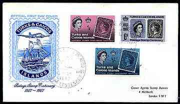 Turks & Caicos Islands 1967 Stamp Centenary perf set of 3 on illustrated cover with special first day cancel, stamps on stamp on stamp, stamps on stamp centenary, stamps on  ships, stamps on aviation, stamps on stamponstamp