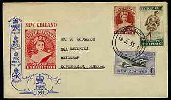 New Zealand 1955 Stamp Centenary perf set of 3 on illustrated cover with first day cancel, stamps on , stamps on  stamps on postman, stamps on  stamps on douglas, stamps on  stamps on dc, stamps on  stamps on stamp centenary, stamps on  stamps on aviation, stamps on  stamps on stamp on stamp, stamps on  stamps on , stamps on  stamps on stamponstamp