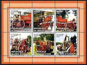 Ivory Coast 2002 Old Fire Engines #1 perf sheetlet containing set of 6 values (top left Bridport) unmounted mint, stamps on fire