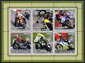 Ivory Coast 2002 Racing Motorcycles #1 perf sheetlet containing set of 6 values (top middle No. 202) each with Rotary logo, unmounted mint, stamps on , stamps on  stamps on motorbikes, stamps on  stamps on rotary