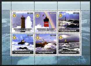 Mauritania 2002 Lighthouses #2 perf sheetlet containing set of 6 values (green background) each with Rotary logo, unmounted mint, stamps on lighthouses, stamps on rotary, stamps on rainbows, stamps on helicopters