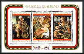 Burundi 1971 25th Anniversary of UNICEF opt on Christmas Paintings perf m/sheet unmounted mint SG MS 715b, Mi BL 54A, stamps on arts, stamps on christmas, stamps on unicef