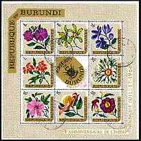 Burundi 1967 Fourth Anniversary of Independence (Flowers) perf sheetlet containing 8 diamond shaped values plus label cto used SG MS 220, stamps on flowers