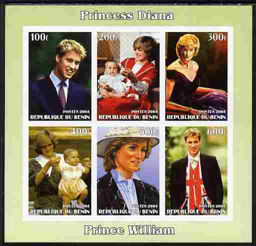 Benin 2004 Princess Diana (& William) imperf sheetlet containing 6 values unmounted mint. Note this item is privately produced and is offered purely on its thematic appea..., stamps on royalty, stamps on diana, stamps on william, stamps on personalities