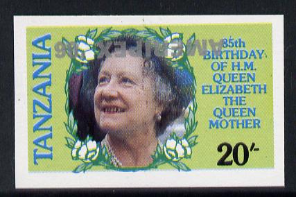 Tanzania 1986 Queen Mother 20s (as SG 425) imperf proof single with AMERIPEX '86 opt in silver inverted unmounted mint, stamps on postal, stamps on royalty, stamps on queen mother, stamps on stamp exhibitions