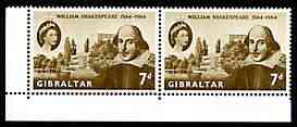 Gibraltar 1964 400th Birth Anniversary of Shakespeare 7d horiz pair, one stamp with flaw above date (R10/1) unmounted mint SG 177var, stamps on personalities, stamps on shakespeare, stamps on literature