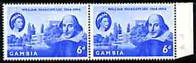 Gambia 1964 400th Birth Anniversary of Shakespeare 6d horiz pair, one stamp with scar on nose (R7/6) unmounted mint SG 210var, stamps on personalities, stamps on shakespeare, stamps on literature