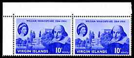 British Virgin Islands 1964 400th Birth Anniversary of Shakespeare 10c horiz pair, one stamp with white spot on building (R1/1) unmounted mint, SG 177var, stamps on personalities, stamps on shakespeare, stamps on literature