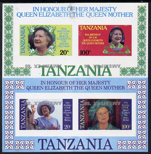 Tanzania 1986 Queen Mother the set of two m/sheets (as SG MS 429) imperf proofs each with AMERIPEX 86 opt in silver inverted (some ink smudging) unmounted mint, stamps on postal, stamps on royalty, stamps on queen mother, stamps on stamp exhibitions