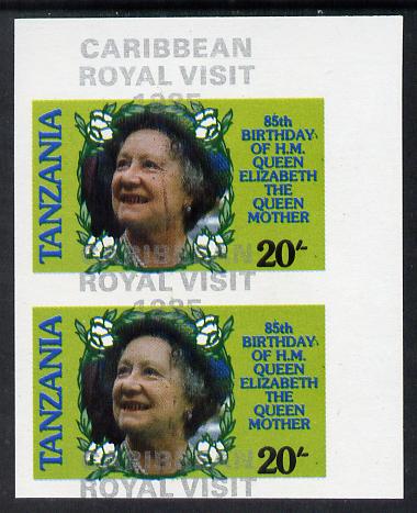 Tanzania 1985 Life & Times of HM Queen Mother 20s (as SG 425) imperf proof pair with the unissued 'Caribbean Royal Visit 1985' opt in silver misplaced by 15mm unmounted mint, stamps on , stamps on  stamps on royalty, stamps on royal visit , stamps on queen mother