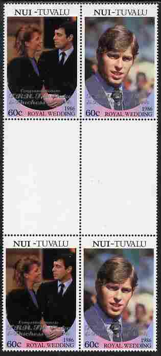Tuvalu - Nui 1986 Royal Wedding (Andrew & Fergie) 60c with 'Congratulations' opt in silver in unissued perf inter-paneau block of 4 (2 se-tenant pairs) unmounted mint from Printer's uncut proof sheet, stamps on , stamps on  stamps on royalty, stamps on  stamps on andrew, stamps on  stamps on fergie, stamps on  stamps on 