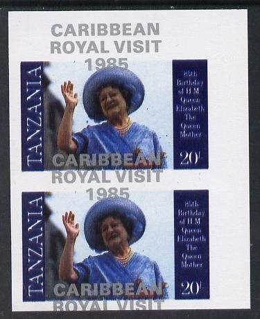 Tanzania 1985 Life & Times of HM Queen Mother 20s (as SG 426) imperf proof pair with the unissued 'Caribbean Royal Visit 1985' opt in silver misplaced by 15mm unmounted mint, stamps on royalty, stamps on royal visit , stamps on queen mother