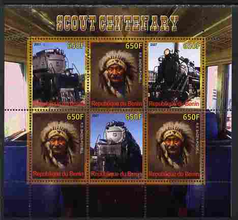 Benin 2007 Scout Centenary - Locomotives & N American Indian perf sheetlet containing 6 values unmounted mint. Note this item is privately produced and is offered purely on its thematic appeal, stamps on scouts, stamps on railways, stamps on indians, stamps on cultures