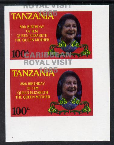 Tanzania 1985 Life & Times of HM Queen Mother 100s (as SG 427) imperf proof pair with the unissued 'Caribbean Royal Visit 1985' opt in silver misplaced by 15mm unmounted mint, stamps on royalty, stamps on royal visit , stamps on queen mother