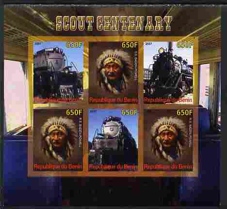 Benin 2007 Scout Centenary - Locomotives & N American Indian imperf sheetlet containing 6 values unmounted mint. Note this item is privately produced and is offered purel..., stamps on scouts, stamps on railways, stamps on indians, stamps on cultures