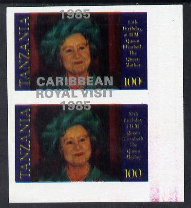Tanzania 1985 Life & Times of HM Queen Mother 100s (as SG 428) imperf proof pair with the unissued 'Caribbean Royal Visit 1985' opt in silver misplaced by 15mm unmounted mint, stamps on royalty, stamps on royal visit , stamps on queen mother