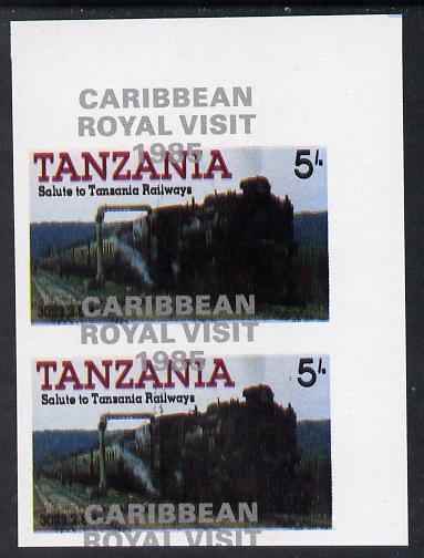 Tanzania 1985 Locomotives 5s (as SG 430) imperf proof pair with the unissued Caribbean Royal Visit 1985 opt in silver misplaced by 15mm unmounted mint, stamps on railways, stamps on royalty, stamps on royal visit