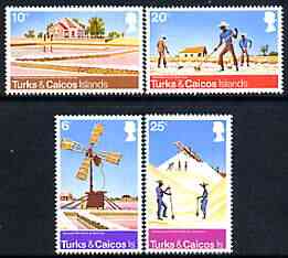 Turks & Caicos Islands 1975 Salt Raking Industry perf set of 4 unmounted mint, SG 438-41, stamps on salt, stamps on spices, stamps on industry, stamps on windmills, stamps on 