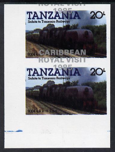 Tanzania 1985 Locomotives 20s (as SG 432) imperf proof pair with the unissued Caribbean Royal Visit 1985 opt in silver misplaced by 15mm unmounted mint, stamps on railways, stamps on royalty, stamps on royal visit, stamps on big locos