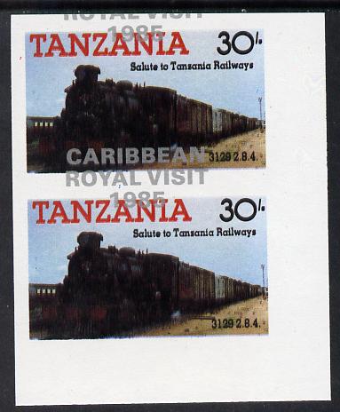 Tanzania 1985 Locomotives 30s (as SG 433) imperf proof pair with the unissued Caribbean Royal Visit 1985 opt in silver misplaced by 15mm unmounted mint, stamps on railways, stamps on royalty, stamps on royal visit