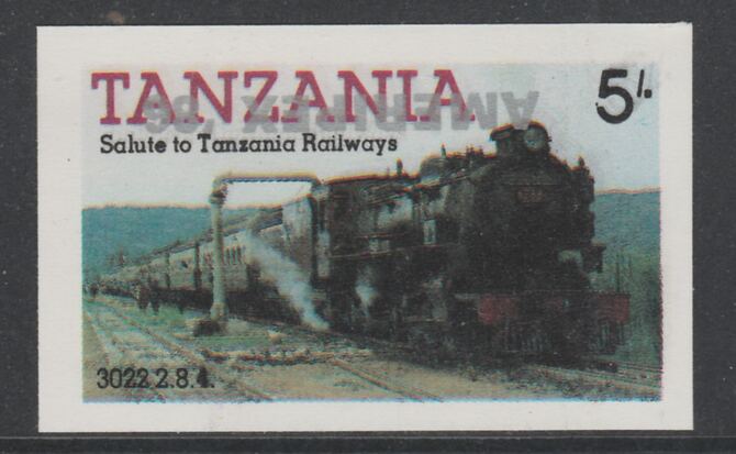 Tanzania 1986 Railways 5s (as SG 430) imperf proof with the unissued AMERIPEX 86 opt in silver inverted (some ink smudging) unmounted mint, stamps on postal, stamps on railways, stamps on stamp exhibitions