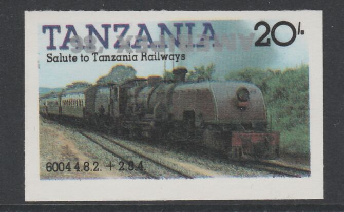 Tanzania 1986 Railways 20s (as SG 432) imperf proof with the unissued AMERIPEX 86 opt in silver inverted (some ink smudging) unmounted mint, stamps on postal, stamps on railways, stamps on stamp exhibitions