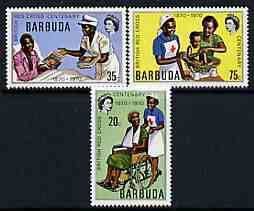 Barbuda 1970 Centenary of British Red Cross perf set of 3 unmounted mint, SG 88-90, stamps on red cross, stamps on disabled, stamps on nursing, stamps on nurses