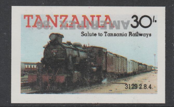 Tanzania 1986 Railways 30s (as SG 433) imperf proof with the unissued AMERIPEX 86 opt in silver inverted (some ink smudging) unmounted mint, stamps on postal, stamps on railways, stamps on stamp exhibitions