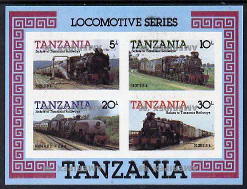 Tanzania 1986 Railways m/sheet (as SG MS 434) imperf proof with the unissued AMERIPEX 86 opt in silver inverted (some ink smudging) unmounted mint, stamps on postal, stamps on railways, stamps on stamp exhibitions