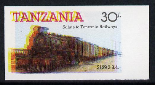 Tanzania 1985 Railways 30s (as SG 433) imperf proof single with all 4 colours misplaced (spectacular blurred effect) unmounted mint, stamps on railways 