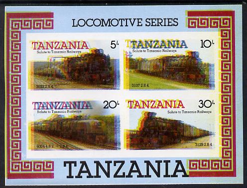 Tanzania 1985 Locomotives m/sheet (as SG MS 434) imperf proof with all 4 colours misplaced (spectacular blurred effect) unmounted mint, stamps on railways , stamps on big locos