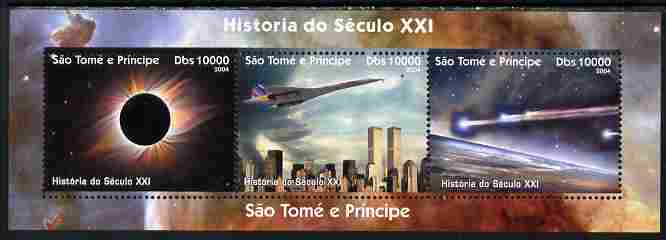 St Thomas & Prince Islands 2004 History of the 21st Century #2 perf sheetlet containing 3 values unmounted mint. Note this item is privately produced and is offered purely on its thematic appeal, stamps on space, stamps on satellites, stamps on concorde, stamps on aviation, stamps on eclipse