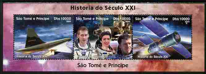 St Thomas & Prince Islands 2004 History of the 21st Century #3 perf sheetlet containing 3 values unmounted mint. Note this item is privately produced and is offered purel..., stamps on space, stamps on satellites, stamps on concorde, stamps on aviation, stamps on 