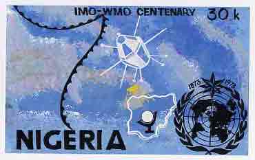 Nigeria 1973 IMO & WMO Centenary - original hand-painted artwork for 30k value (beautifully crude) by unknown artist on card 10 x 6, stamps on weather