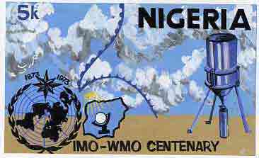 Nigeria 1973 IMO & WMO Centenary - original hand-painted artwork for 5k value (beautifully crude) by unknown artist on card 10 x 6, stamps on weather