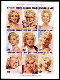 Mali 1996 Marilyn Monroes imperf sheetlet containing set of 9 unmounted mint, Mi 1566-74, stamps on films, stamps on cinema, stamps on entertainments, stamps on women, stamps on marilyn monroe, stamps on personalities