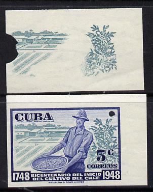 Cuba 1948 Coffee Bicentenary imperf proofs by Waterlow comprising proof of background in green plus composite proof in blue & green, both proofs on gummed paper with security punch holes (inter-paneau gutter pairs available price x 2), stamps on agriculture  food    drink
